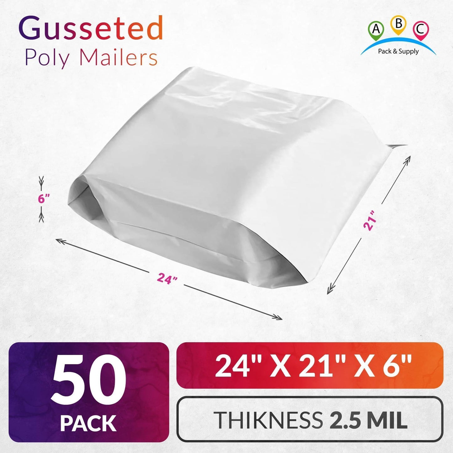 White Gusseted Poly Mailers 24 x 21 x 6 Inch Pack of 100 Poly Shipping Envelopes for Clothing 2.5 Mil. Plastic Shipping Bags Self Seal. Mailing Packages