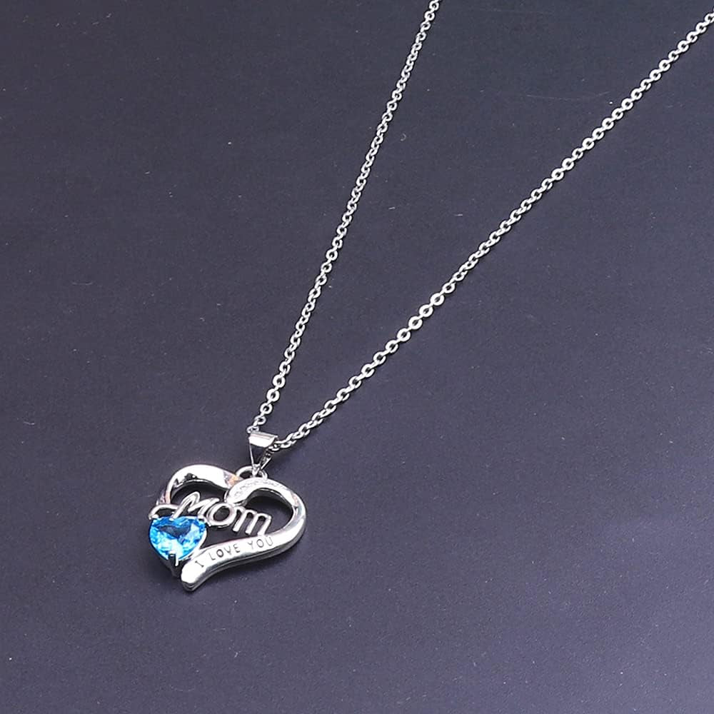 I Love You Mom Birthstone Heart Necklace – Silver Pendant Gift with 18″+2″ Chain
