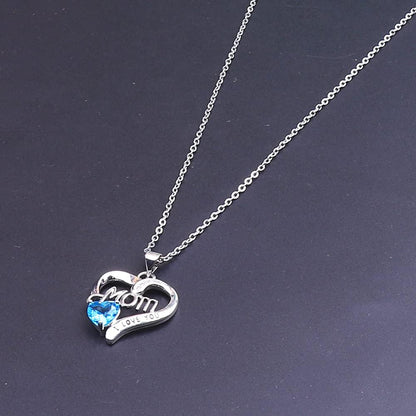 I Love You Mom Birthstone Heart Necklace – Silver Pendant Gift with 18″+2″ Chain