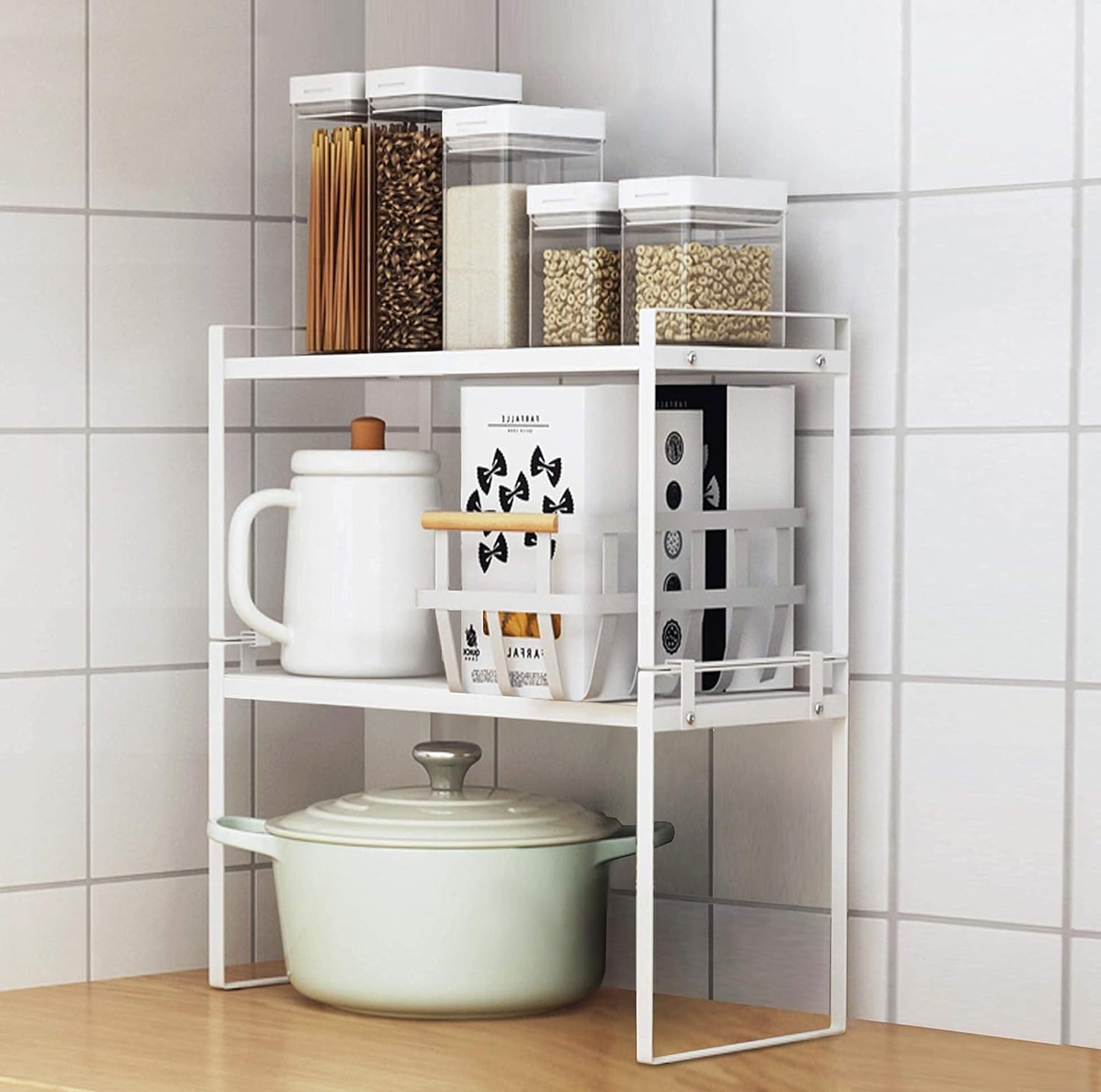 2-Pack Stackable Kitchen & Cabinet Organizer Rack – Steel Storage Shelf for Pantry, Bathroom, Bedroom & Office (White)