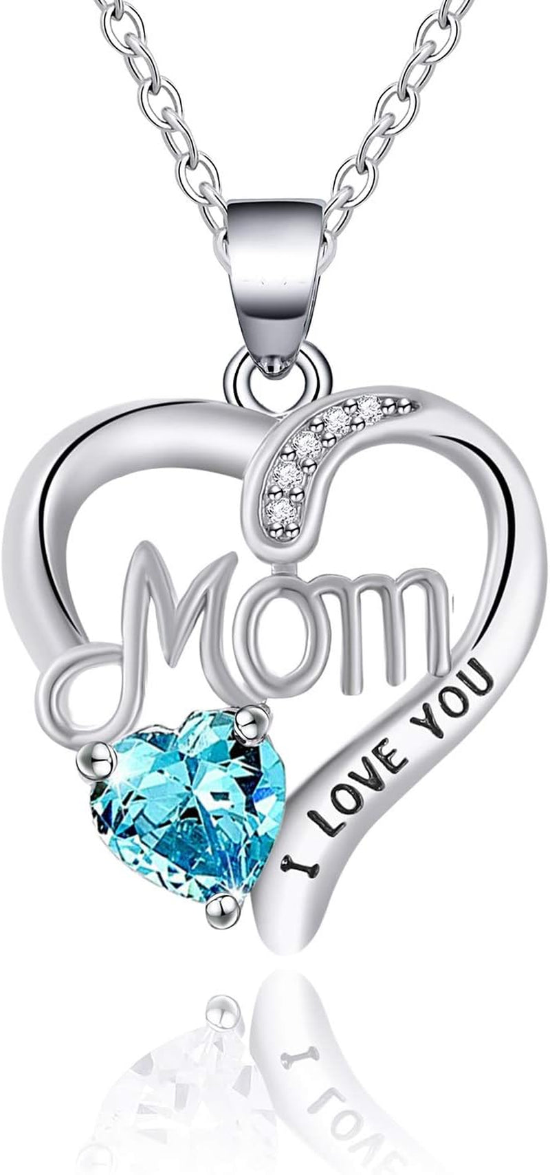 I Love You Mom Birthstone Heart Necklace – Silver Pendant Gift with 18″+2″ Chain