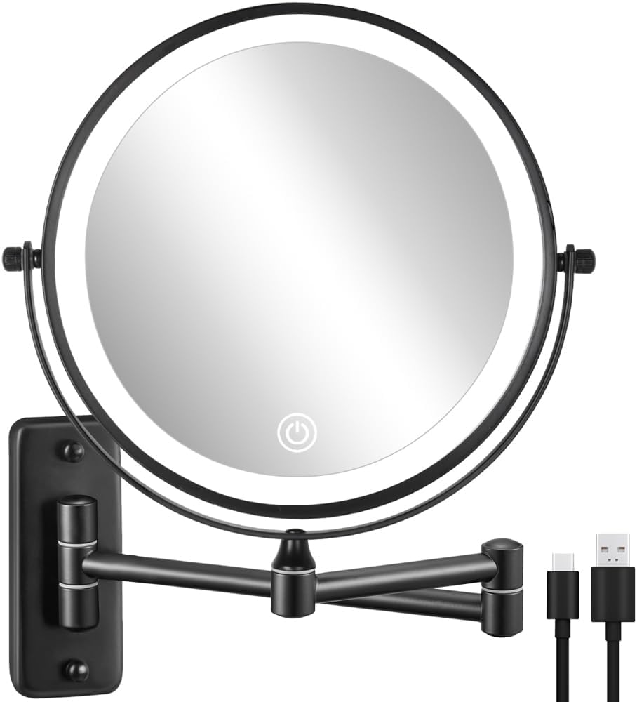 Rechargeable Wall-Mounted Lighted Makeup Mirror – 8” 10X Magnification with Dimmable 3-Color LED Touch Lights (Black)