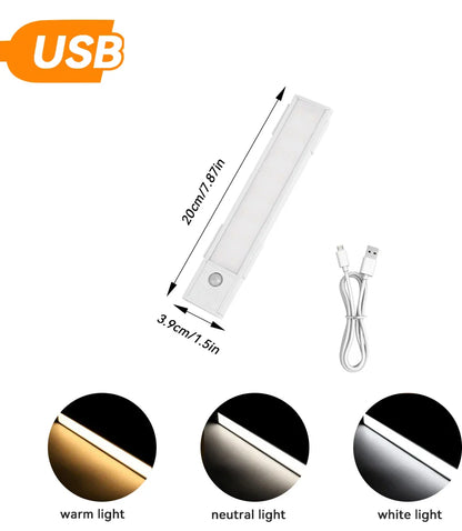 LED Motion Sensor Under Cabinet Light with USB for Kitchen, Bedroom, and Wardrobe Indoor Lighting