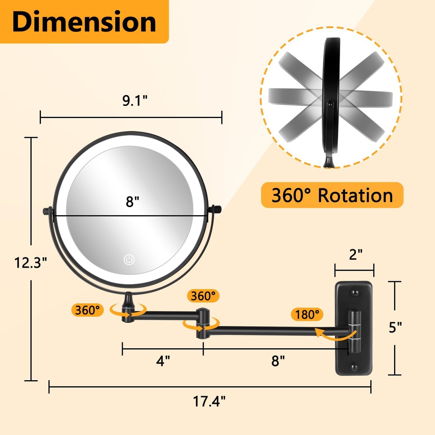 Rechargeable Wall-Mounted Lighted Makeup Mirror – 8” 10X Magnification with Dimmable 3-Color LED Touch Lights (Black)