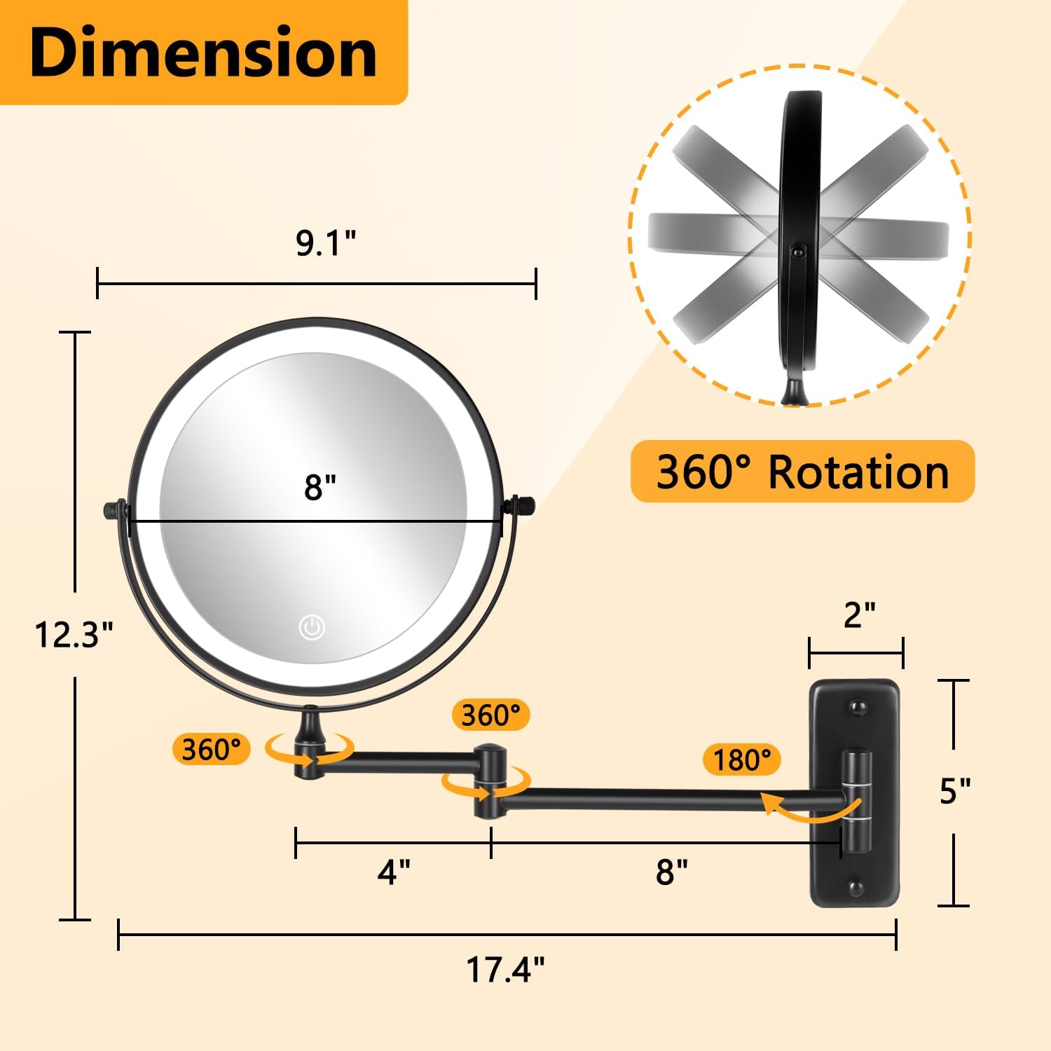 Rechargeable Wall-Mounted Lighted Makeup Mirror – 8” 10X Magnification with Dimmable 3-Color LED Touch Lights (Black)