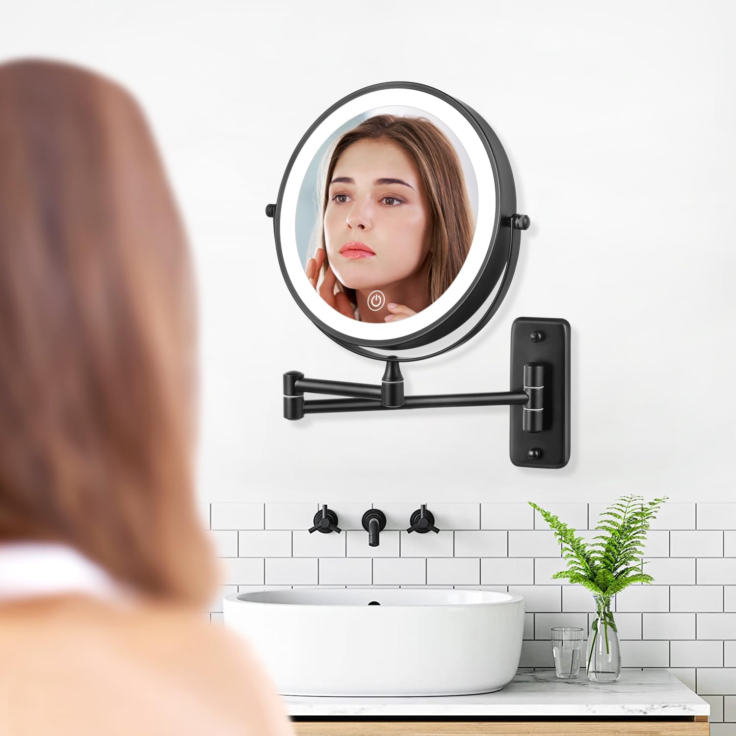 Rechargeable Wall-Mounted Lighted Makeup Mirror – 8” 10X Magnification with Dimmable 3-Color LED Touch Lights (Black)