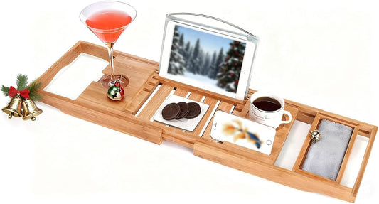Bamboo Bathtub Caddy Tray – Adjustable Bath Tray Organizer with Book, Tablet, Wine Glass & Towel Holder