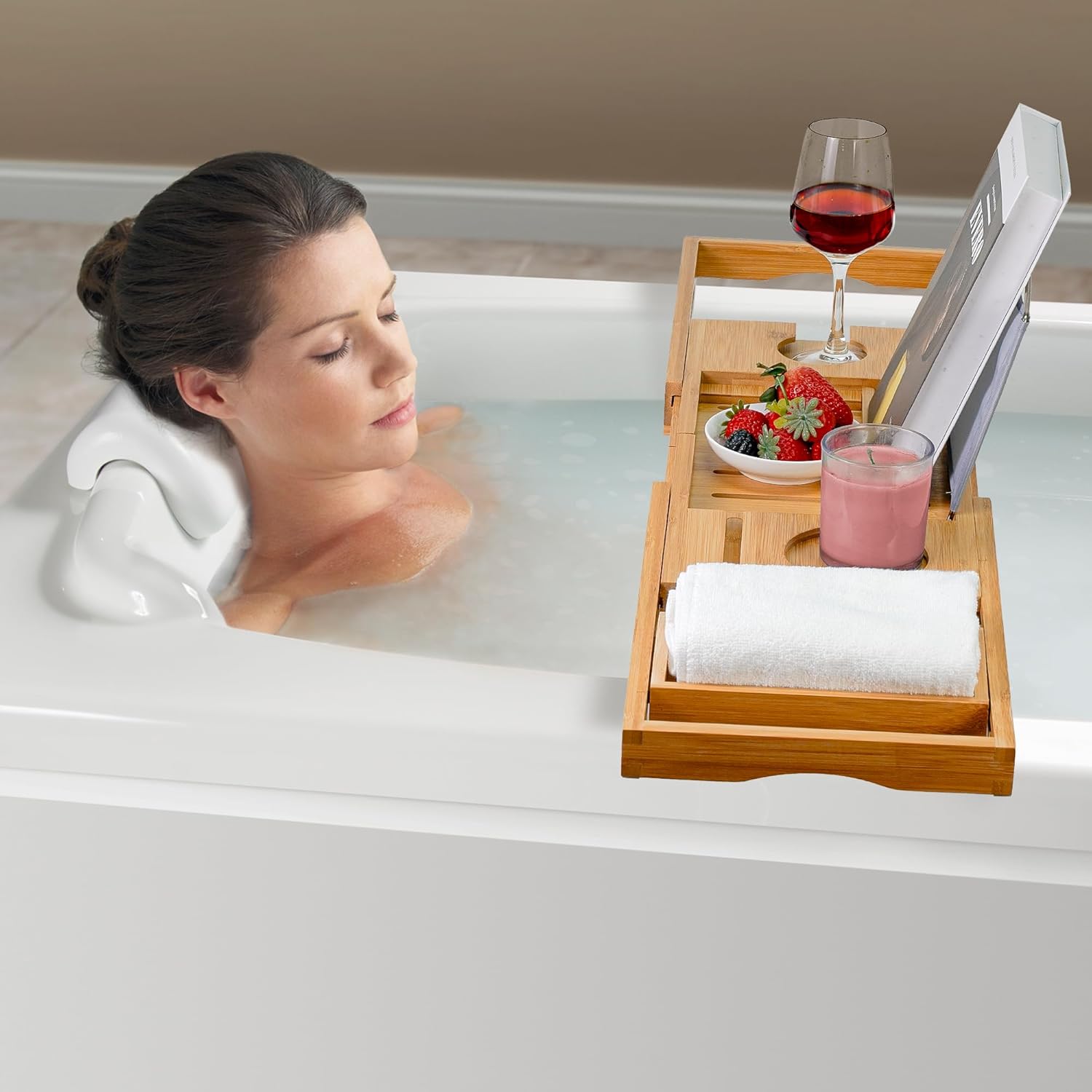 Bamboo Bathtub Caddy Tray – Adjustable Bath Tray Organizer with Book, Tablet, Wine Glass & Towel Holder