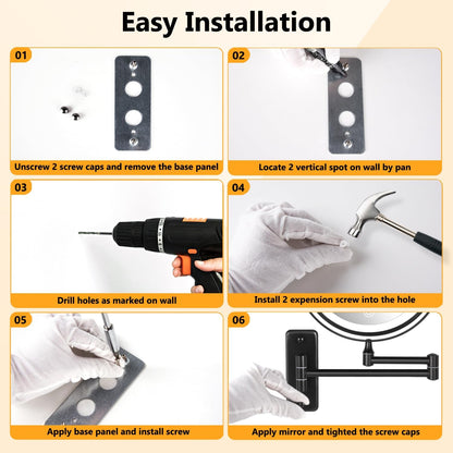 Rechargeable Wall-Mounted Lighted Makeup Mirror – 8” 10X Magnification with Dimmable 3-Color LED Touch Lights (Black)