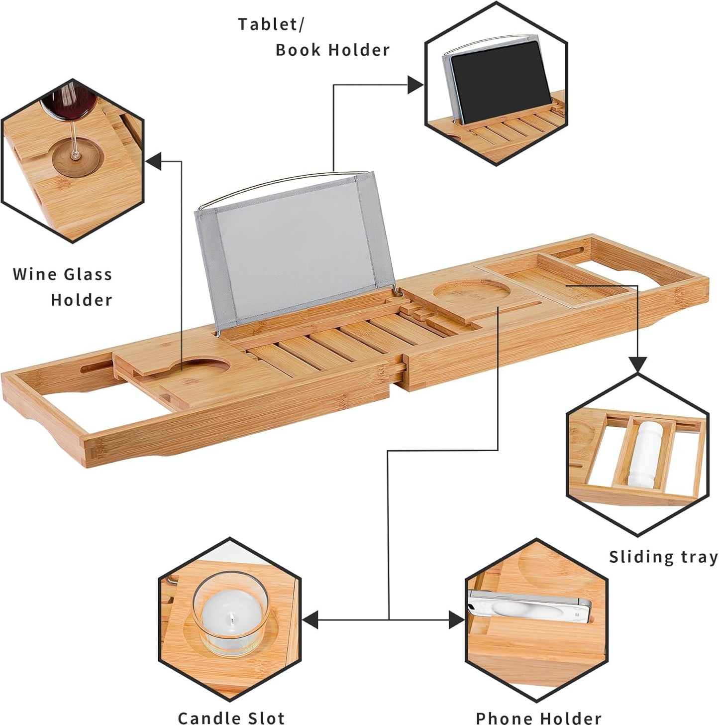 Bamboo Bathtub Caddy Tray – Adjustable Bath Tray Organizer with Book, Tablet, Wine Glass & Towel Holder