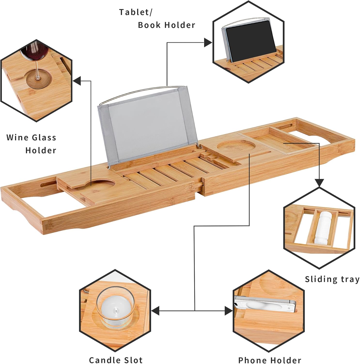 Bamboo Bathtub Caddy Tray – Adjustable Bath Tray Organizer with Book, Tablet, Wine Glass & Towel Holder