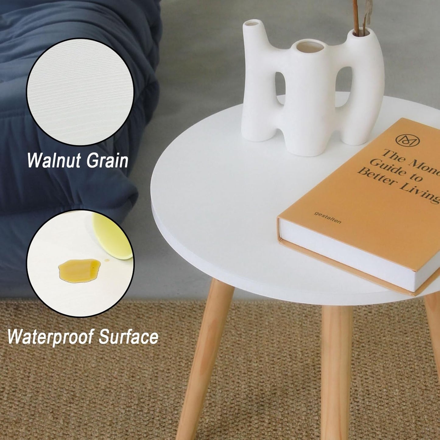 Modern Round Accent Side Table – Space-Saving Nightstand for Living Room, Bedroom & Office (White)