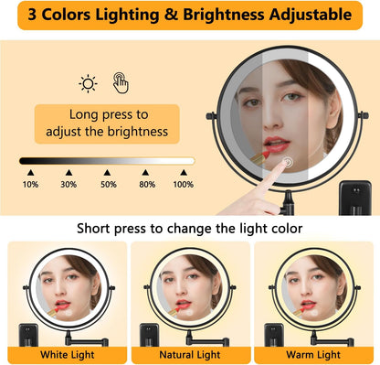 Rechargeable Wall-Mounted Lighted Makeup Mirror – 8” 10X Magnification with Dimmable 3-Color LED Touch Lights (Black)