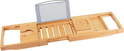 Bamboo Bathtub Caddy Tray – Adjustable Bath Tray Organizer with Book, Tablet, Wine Glass & Towel Holder