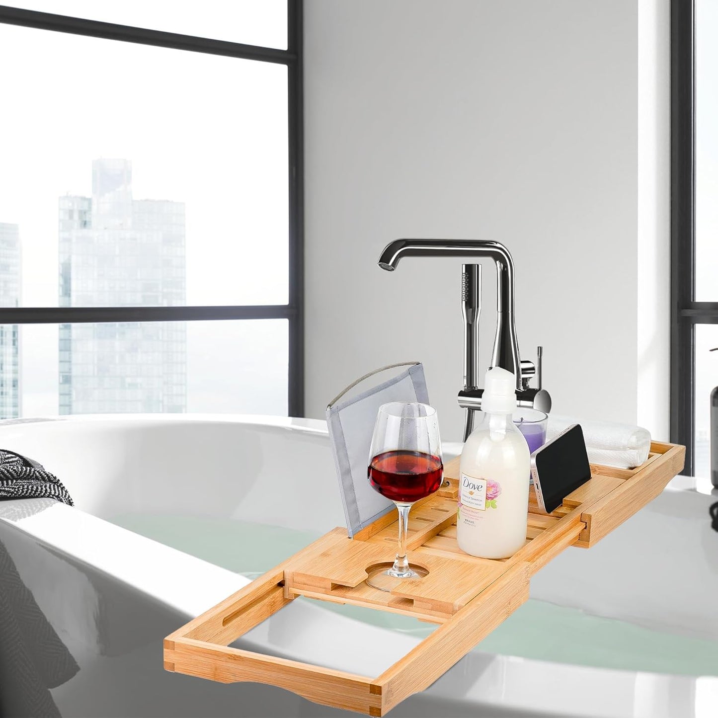 Bamboo Bathtub Caddy Tray – Adjustable Bath Tray Organizer with Book, Tablet, Wine Glass & Towel Holder