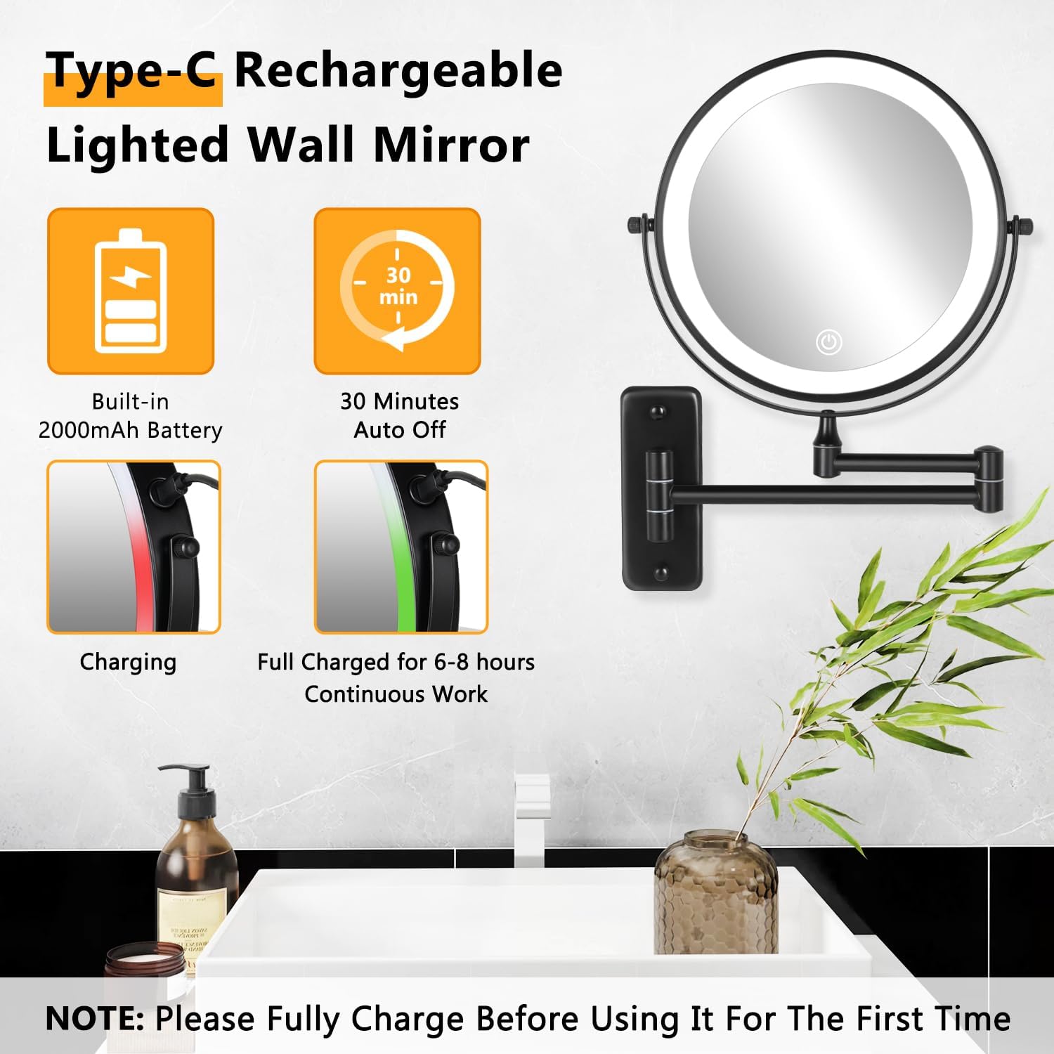 Rechargeable Wall-Mounted Lighted Makeup Mirror – 8” 10X Magnification with Dimmable 3-Color LED Touch Lights (Black)