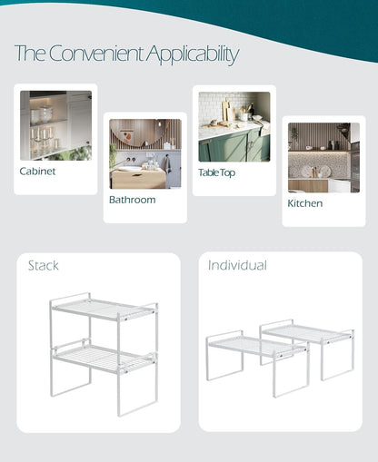 2-Pack Stackable Kitchen & Cabinet Organizer Rack – Steel Storage Shelf for Pantry, Bathroom, Bedroom & Office (White)