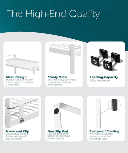 2-Pack Stackable Kitchen & Cabinet Organizer Rack – Steel Storage Shelf for Pantry, Bathroom, Bedroom & Office (White)