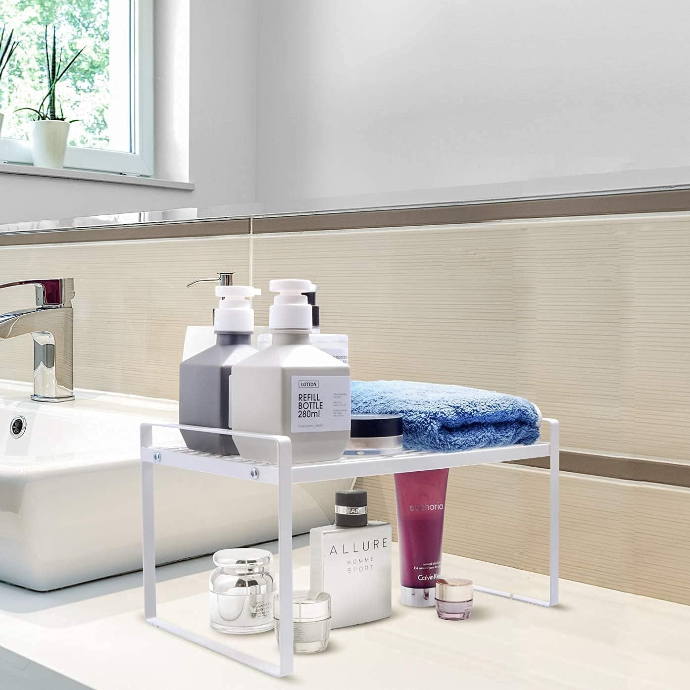 2-Pack Stackable Kitchen & Cabinet Organizer Rack – Steel Storage Shelf for Pantry, Bathroom, Bedroom & Office (White)