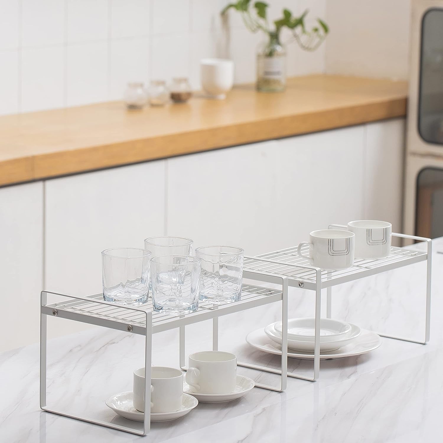 2-Pack Stackable Kitchen & Cabinet Organizer Rack – Steel Storage Shelf for Pantry, Bathroom, Bedroom & Office (White)