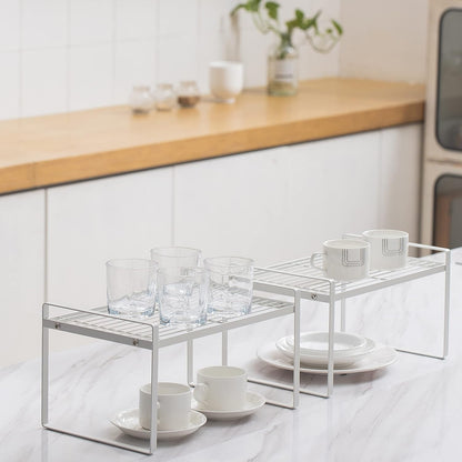 2-Pack Stackable Kitchen & Cabinet Organizer Rack – Steel Storage Shelf for Pantry, Bathroom, Bedroom & Office (White)