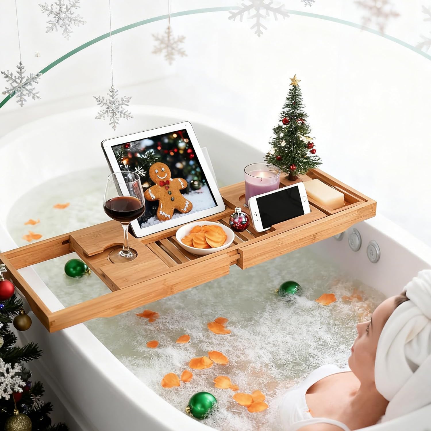 Bamboo Bathtub Caddy Tray – Adjustable Bath Tray Organizer with Book, Tablet, Wine Glass & Towel Holder