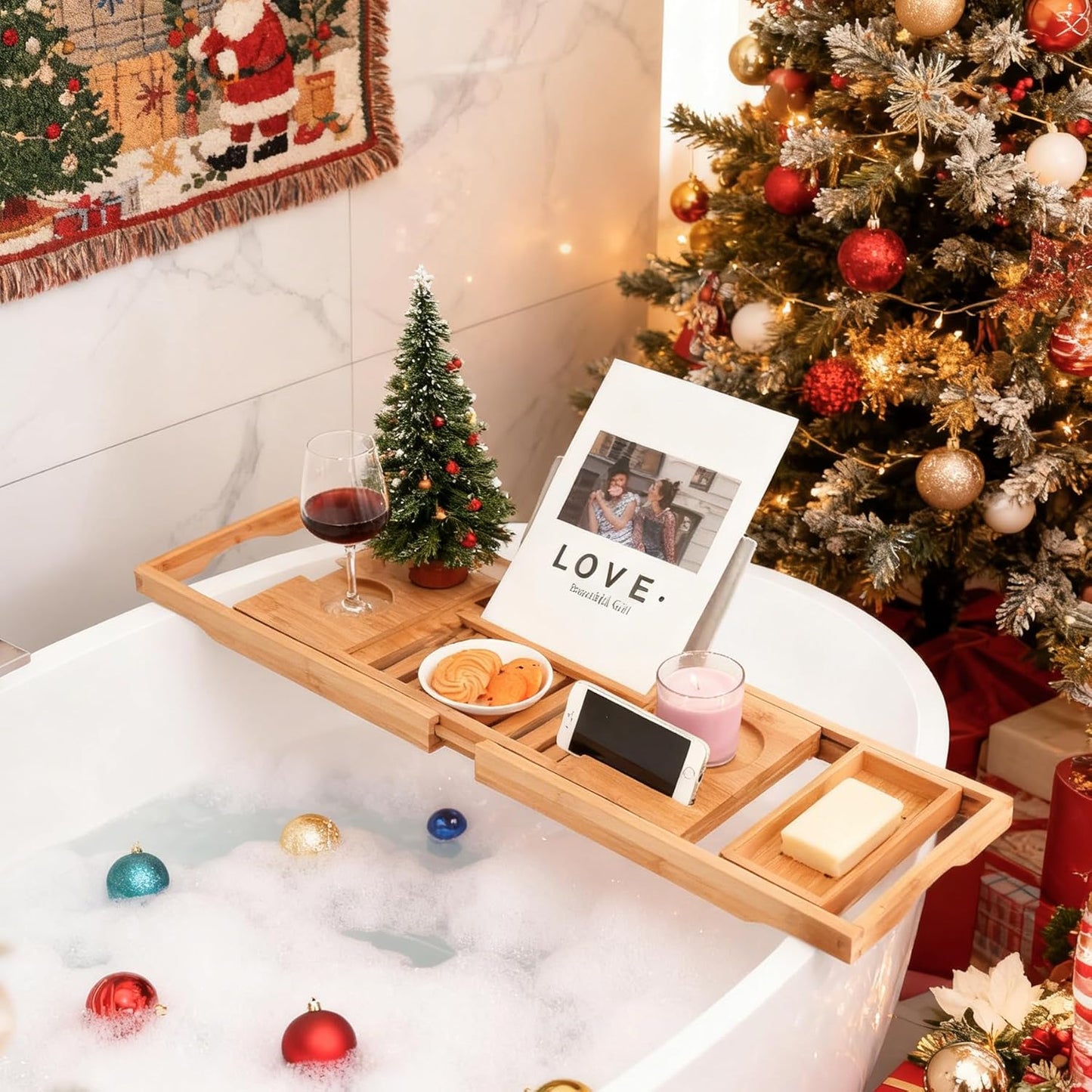 Bamboo Bathtub Caddy Tray – Adjustable Bath Tray Organizer with Book, Tablet, Wine Glass & Towel Holder