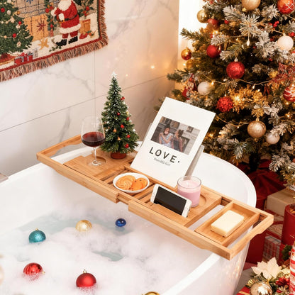 Bamboo Bathtub Caddy Tray – Adjustable Bath Tray Organizer with Book, Tablet, Wine Glass & Towel Holder