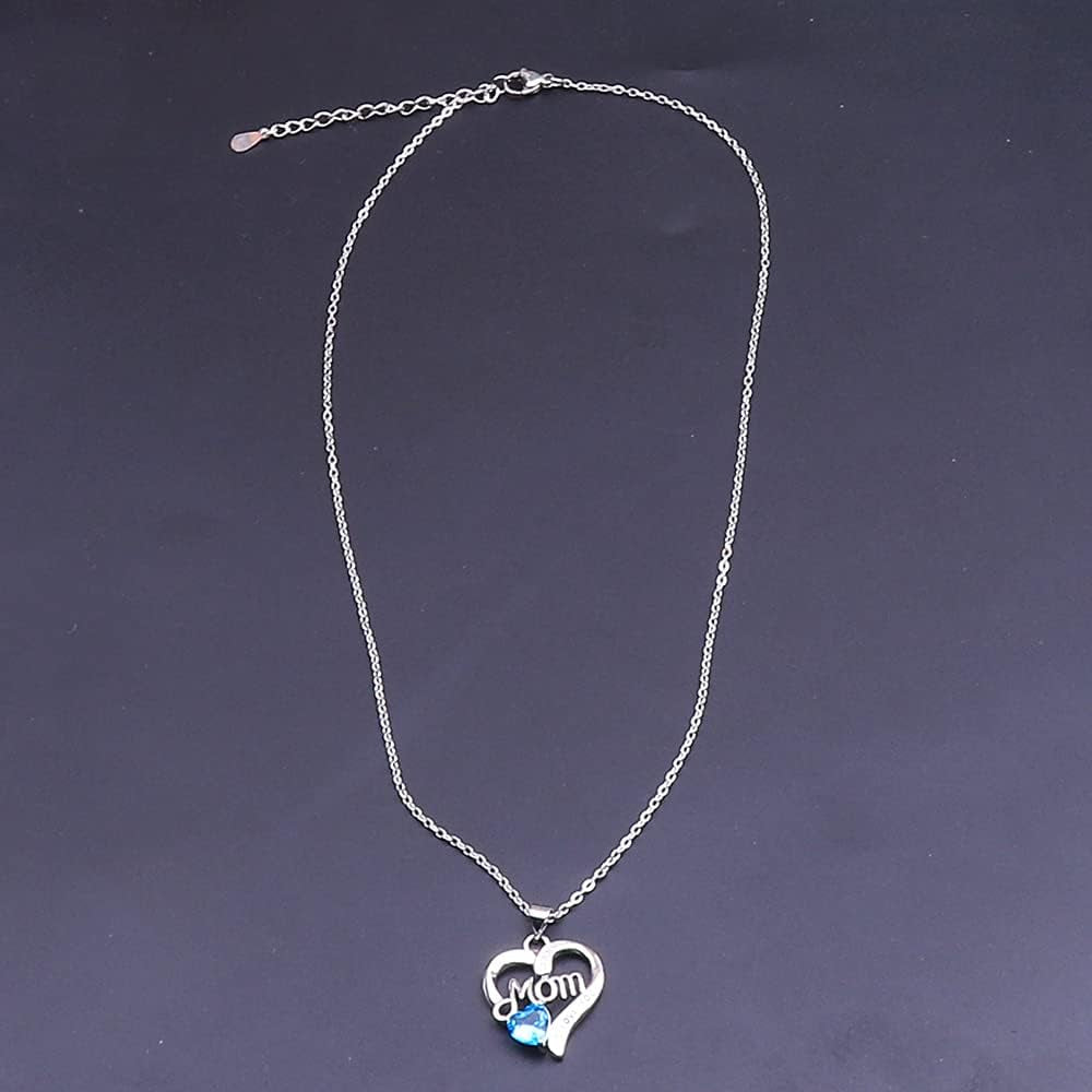 I Love You Mom Birthstone Heart Necklace – Silver Pendant Gift with 18″+2″ Chain