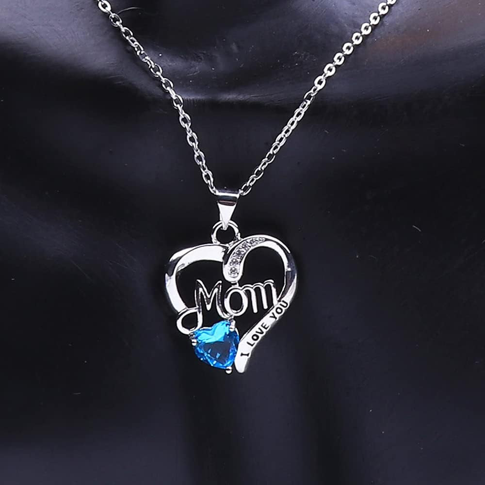 I Love You Mom Birthstone Heart Necklace – Silver Pendant Gift with 18″+2″ Chain