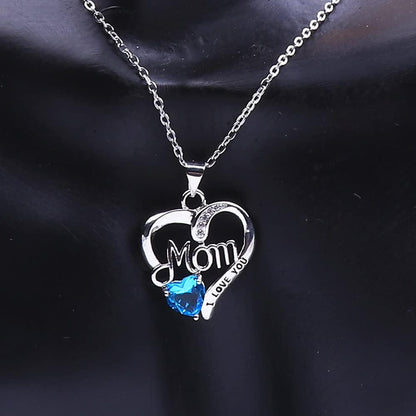 I Love You Mom Birthstone Heart Necklace – Silver Pendant Gift with 18″+2″ Chain