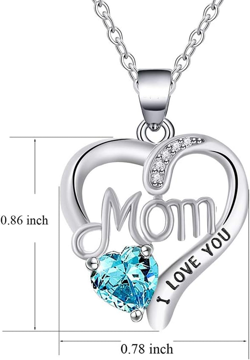 I Love You Mom Birthstone Heart Necklace – Silver Pendant Gift with 18″+2″ Chain